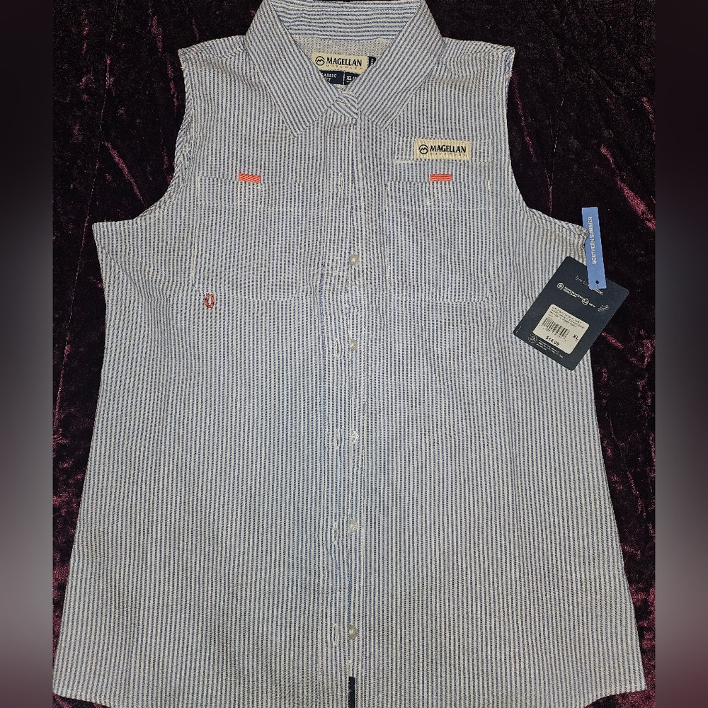 Magellan Outdoors Blue and White Striped Shirt- Size Youth XL